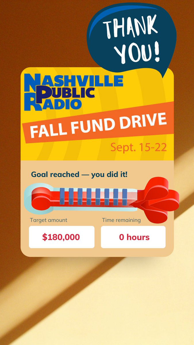 WPLN's tweet photo. Thanks to YOU, we've reached our fall fund drive goal! We appreciate all who donated during this drive and all who continue to support YOUR public radio station!
Didn't donate? It's never too late: https://t.co/HRngzGsddS
#supportWPLN #SupportPublicRadio #ThisIsNashville https://t.co/Y2PGjipBjp