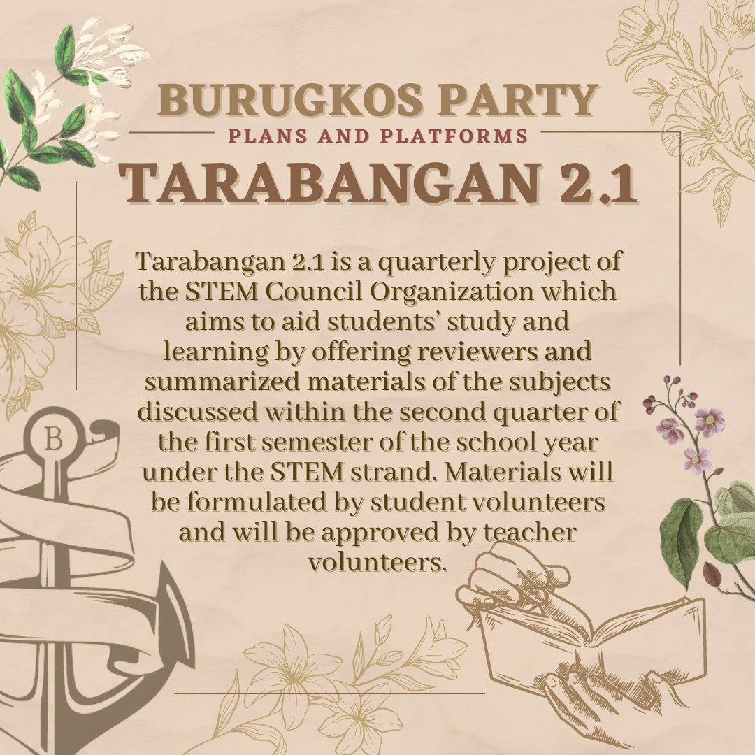 BURUGKOSPARTY's tweet photo. 𝐀𝐬𝐚𝐡𝐚𝐧 𝐚𝐧𝐠 𝐭𝐚𝐩𝐚𝐭, 𝐬𝐮𝐛𝐨𝐤, 𝐚𝐭 𝐝𝐞𝐤𝐚𝐥𝐢𝐝𝐚𝐝 𝐧𝐚 𝐩𝐚𝐠𝐥𝐢𝐥𝐢𝐧𝐠𝐤𝐨𝐝! 

Narito ang mga inihandang plataporma ng Burugkos Party para sa STEMmunity! Dito sa Burugkos Party, #BurugkosKitaGabos at asahang maglilingkod kami through unity and camaraderie!🤝 https://t.co/OnTVuiSnXk