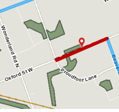 CityofLdnOnt's tweet photo. Because of flooding, Oxford St. West between Beaverbrook Ave and Proudfoot Lane is currently closed. 

#LdnOnt https://t.co/9YGD5PTmxv