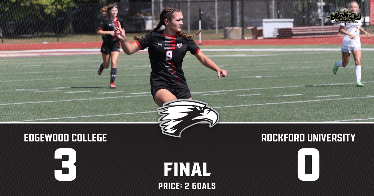 Women's Soccer Final: 

⚽️ <a href="/EC_WSOC/">Edgewood College Women's Soccer</a> 3, Rockford 0! 
🦅 Price: 2 goals (52', 60')
🦅 <a href="/WildGrace8/">Grace Wildeboer</a> goal (78')
🦅 Assists: <a href="/WildGrace8/">Grace Wildeboer</a>, Satran, Fitzgerald

EC 1-6-1, 1-2-0 NACC!