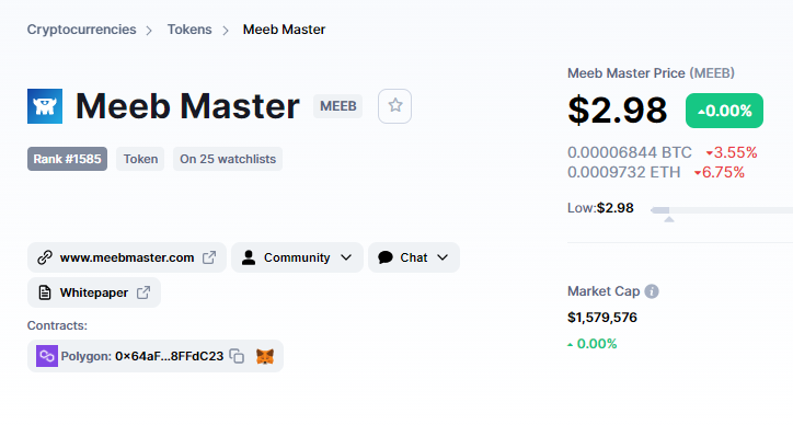 meebmaster_nft's tweet photo. We are so delighted to announce our listing on @CoinMarketCap 🥳🥳

Check it out here: https://t.co/72RP2QGOUR

#MeebMaster #NFTgame powered by @0xPolygon @QuickswapDEX  @PolyDexFi @FinanceFirebird https://t.co/bIpLP55707