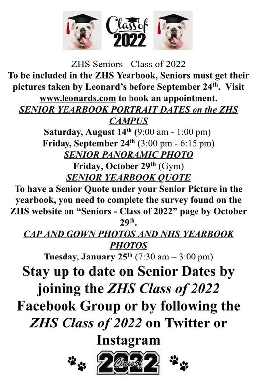 Remember:  This Friday, September 24th, is the last day to have your Senior Photo taken by Leonard's for the ZHS Yearbook! @ZHS_DrStanley <a href="/ZHSBulldogs/">@ZHSBulldogs</a>