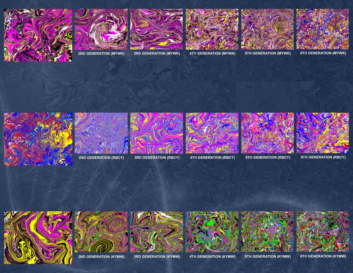 OlDirtyDennis's tweet photo. HeX Y Chromosomes: The Evolution of Art 

Each was made from the 1 before it usin diff amounts of CMYK/RGB, allowing them to carry on the traits(colors/patterns) of their parents, grandparents, etc for a total of 6 generations (bcuz hex codes = 6 digits) 

https://t.co/G2Y9rusYnD https://t.co/4MawhvnZR8