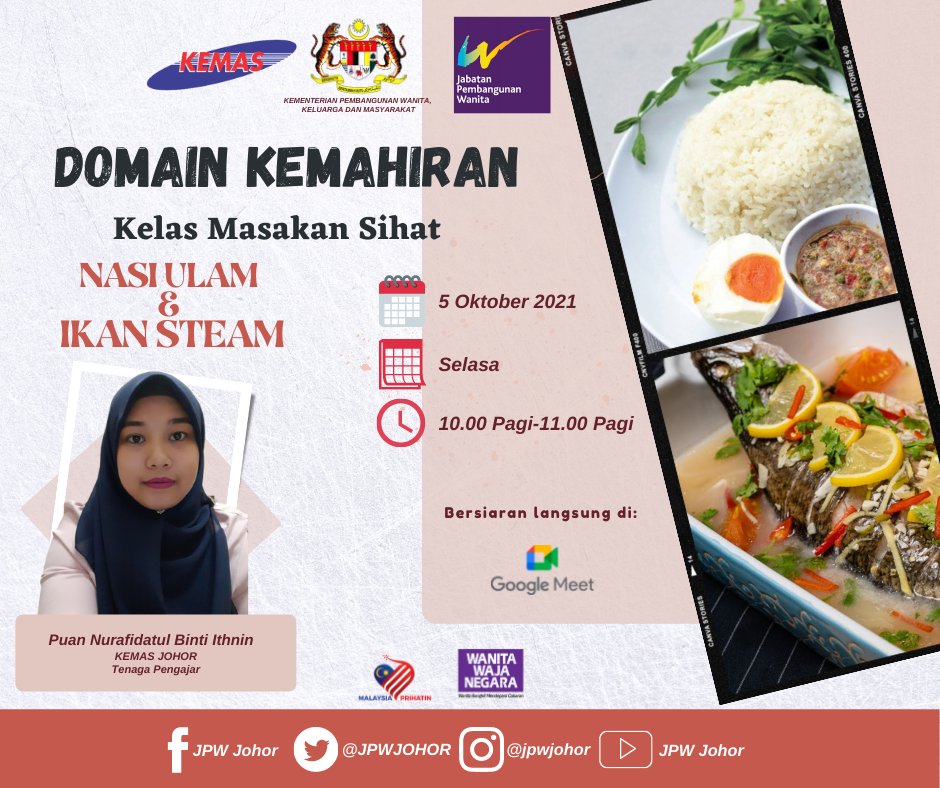 PROGRAM DOMAIN KEMAHIRAN

Kelas Masakan Sihat 👩🏻‍🍳👩🏻‍🍳

Menu: Nasi Ulam &amp; Ikan Steam

Tarikh: 5 Oktober 2021 (Selasa)
Masa: 10.00 pagi - 11.00 pagi
Tempat: Google Meet

DAFTAR SEKARANG‼️
forms.gle/P65gfgV7Yqnfp7…