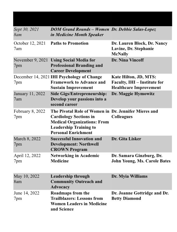 JulieSchwartzm6's tweet photo. Excited about this year’s DOM Gender Equity Group Women in Medicine Leadership Seminar Series starting son! Faculty. Fellows. ACPs. Check your inbox for registration info @HofNorthwellDOM @ZuckerSoM @KarenFriedman9 @NALaVine @LaurenBlock17 @StephTMcNallyMD @MHymowitzMD https://t.co/Y1ZTiu8YOM