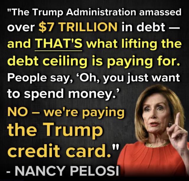 judgeyourself99's tweet photo. $7.8 Trillion added by Trump to America’s debt, and Republicans like Mitch McConnell, Joni Ernst and Lauren Boebert didn’t bat an eyelid. Well said @SpeakerPelosi https://t.co/OhhACj4WTY