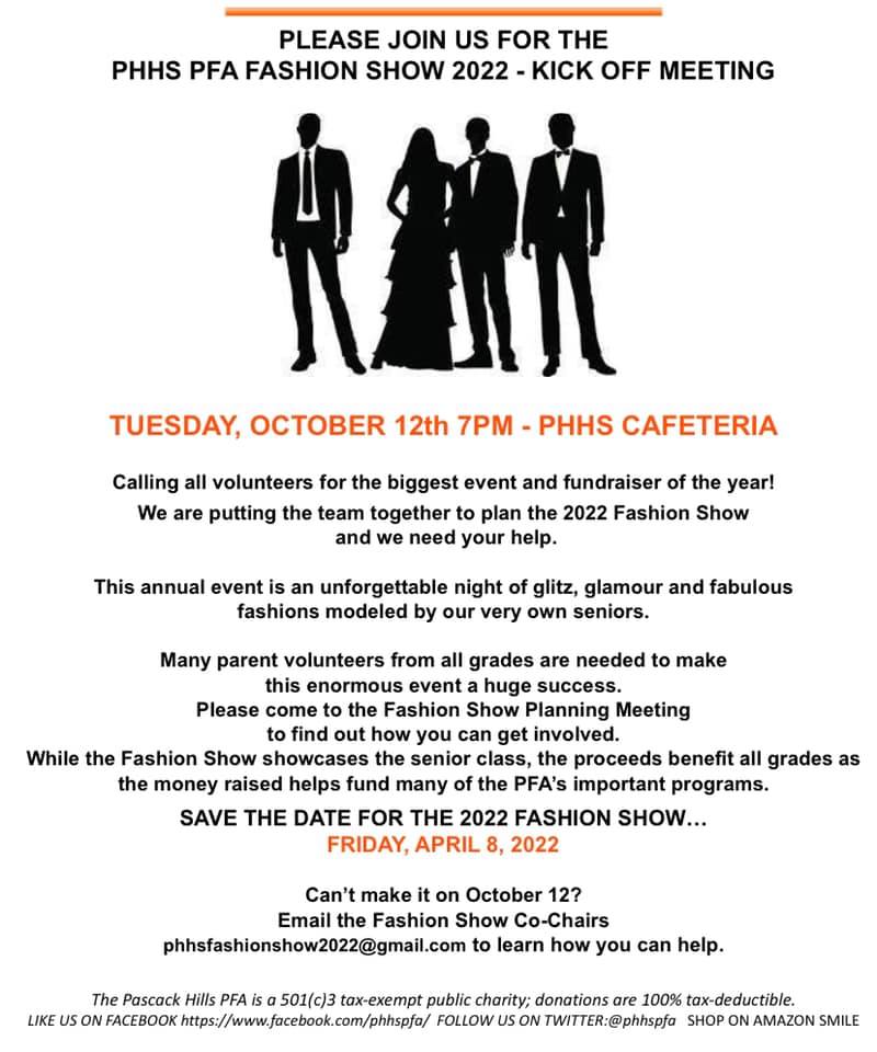 PHHSPFA's tweet photo. Come join us on 10/12 to find out how you can help us plan our Annual Fashion Show featuring the Class of 2022!

And save the date - 4/8/22 - to see our Seniors rock the runway.

Find out more at https://t.co/TpiJx6YPMj https://t.co/hq333OUIbD