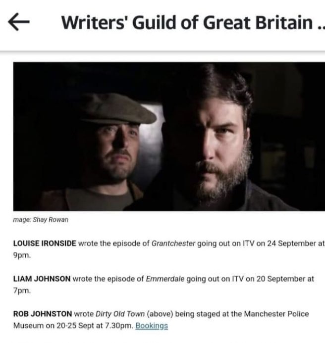 Lovely little mention in the WGGB <a href="/TheWritersGuild/">The Writers' Guild</a> for ‘Dirty Old Town’ <a href="/GMFringe/">Greater Manchester Fringe</a> @robjohnston62 <a href="/CapliEddie/">Eddie Capli</a> <a href="/ryanmulvey81/">Ryan Mulvey</a> book last remaining tickets 🎟  here ….  manchester.ssboxoffice.com/events/dirty-o…