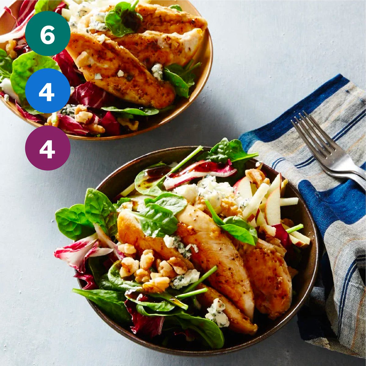 This substantial #salad makes a great #dinner for busy weeknights. Chicken tenderloins cook up quickly and are delicious paired with apple, blue cheese, walnuts, and balsamic dressing : bit.ly/2ZoN3Iw #myWW #SmartPoints