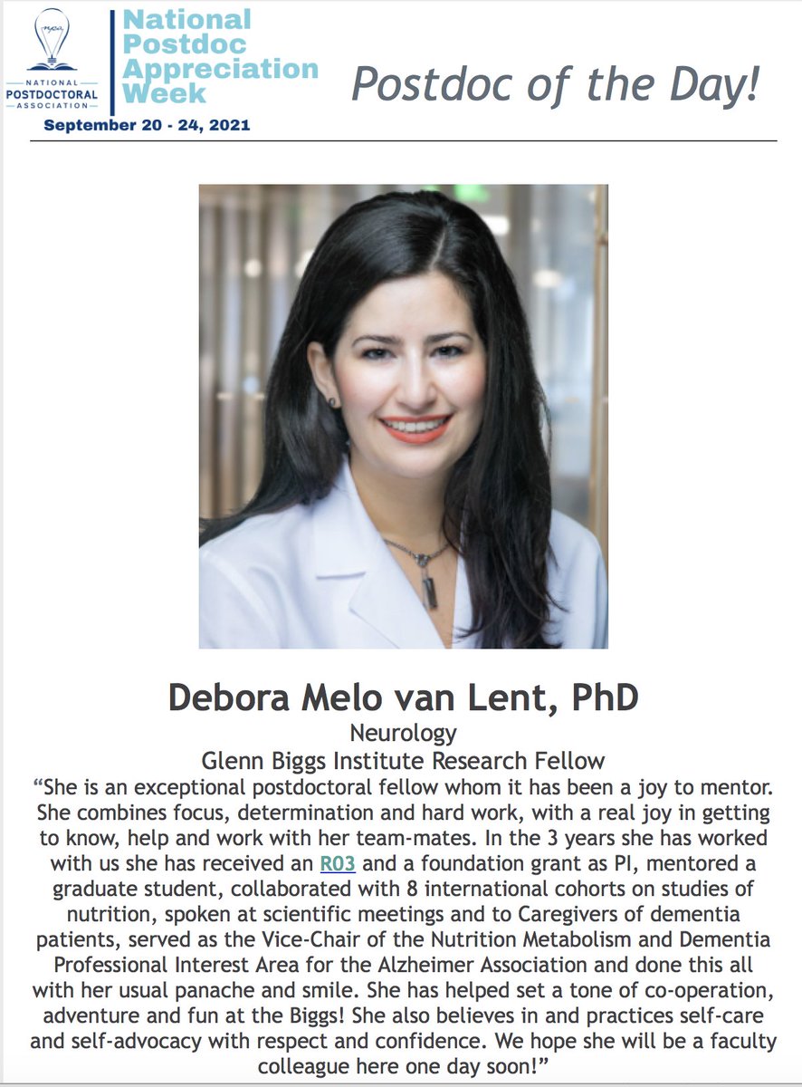 Congrats to <a href="/MeloLent/">debora melo van lent</a> on being named the Postdoc of the day and thanks to <a href="/UTHealthSA/">UT Health San Antonio</a> @UTHResearch, so well deserved! She brings style and team-spirit, caring and nutritional epidemiology research, education for caregivers to the #SouthTX_ADRC #NIAFundedADRCs