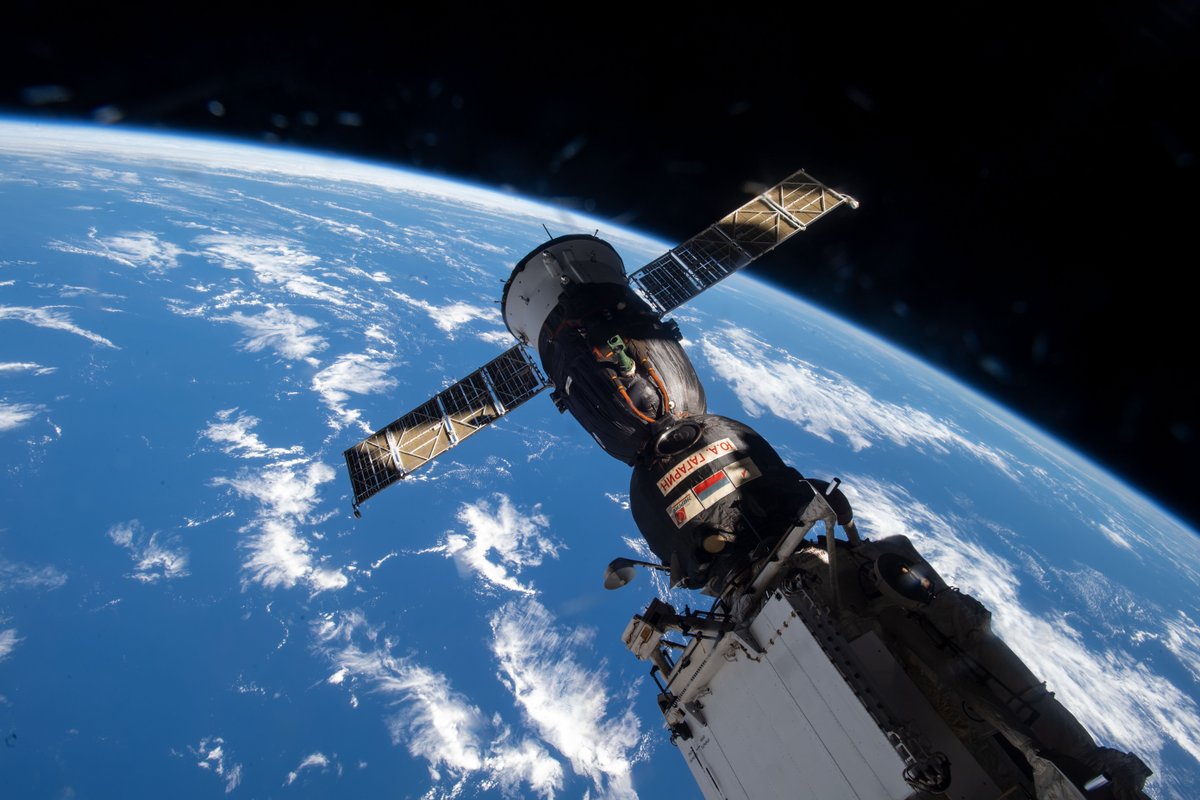 NASA's tweet photo. On Sept. 28, three @Space_Station crew members will board a Soyuz spacecraft and relocate it, freeing a parking space for the next Soyuz scheduled to launch Oct. 5. Live relocation coverage will begin at 8am ET: https://t.co/QCJ35c31m5 https://t.co/6aNfLG4OiT