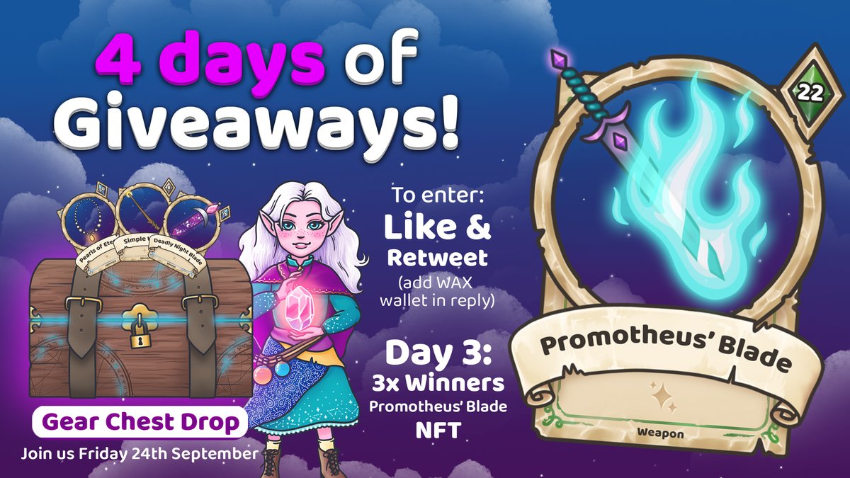 Day 3 of the 4 #Giveways: Swords Galore! Like, retweet and enrol your WAX wallet as a reply to enter. Don't forgot to join us this Friday for some epic loot dropping from Gear Chests. See you soon! 🧙‍♂️
#NFTs #NFTGiveaways #NFTDrop #WAXGaming