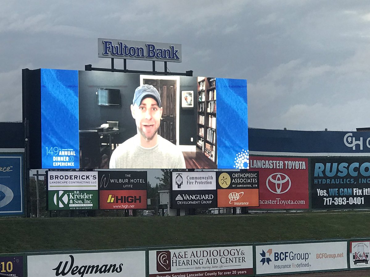 ChadUmbleLNP's tweet photo. Adam Grant speaking virtually to the audience at the Lancaster Chamber dinner. https://t.co/jILsPmHMqF