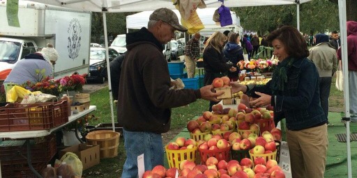 Governor Hochul at an apple stand with a farmer