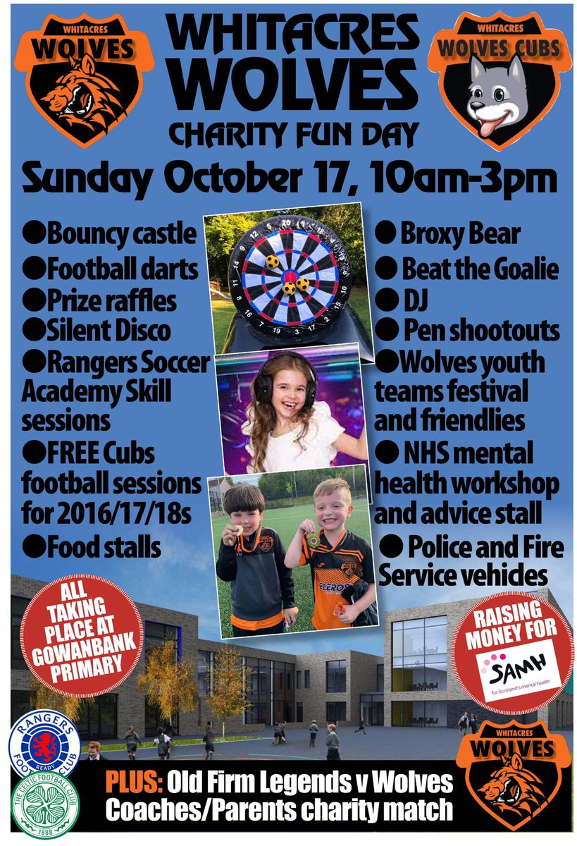 whitacreswolves's tweet photo. Delighted to finally be able to share details of our first ever Charity fun day in aid of SAMH. Lots of activities, treats and special guests for all the family. Come along and support a great cause - as well as cheering on the old firm legends v coaches/parents charity game ⚽️🐺 https://t.co/BRQTeBo6zh