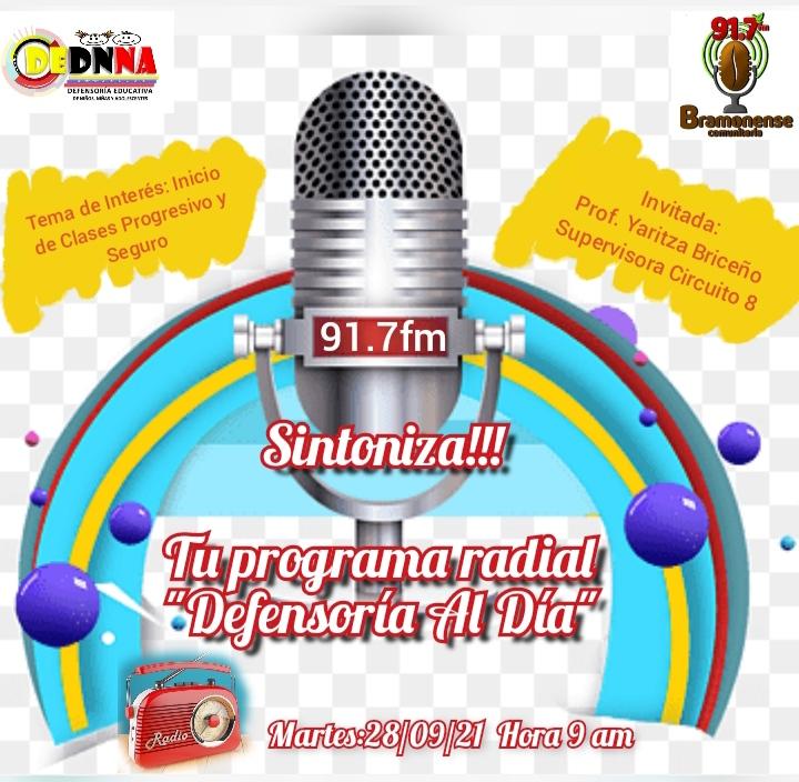 Sintoniza por <a href="/bramonense91/">Bramonense91.7FM Despertando Conciencia.</a>  tu programa Defensoría al Día. Donde estaremos conversando sobre el inicio de clases progresivo y seguro.
🎙️📻 .<a href="/charlychaves/">Charly Rojas Chaves</a> @ZonaEducTachira <a href="/codennat/">codennat</a> <a href="/COMUNIDADESED15/">DIV. COMUNIDADES EDUCATIVAS TÁCHIRA</a> @SPETachira <a href="/Annydednna/">Dednna Táchira</a> <a href="/edward_arellano/">edward saint</a> <a href="/Juntosxtachira1/">Juntos por Táchira</a> <a href="/supervisionZET1/">SupervisionZET</a>