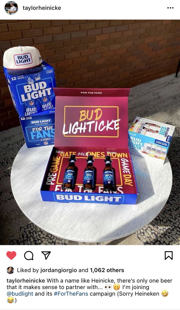 JPFinlayNBCS's tweet photo. Never hesitate. Heineken did and Bud Light swooped in. Perhaps most important, Taylor Heinicke got some beer https://t.co/BjMktwjBMB