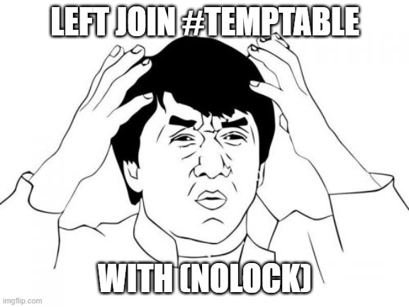 DesertDBA's tweet photo. Dear Developer, JOINing a #TempTable and using WITH (NOLOCK) is a kind of cry for help. https://t.co/prmUxdPwqa
