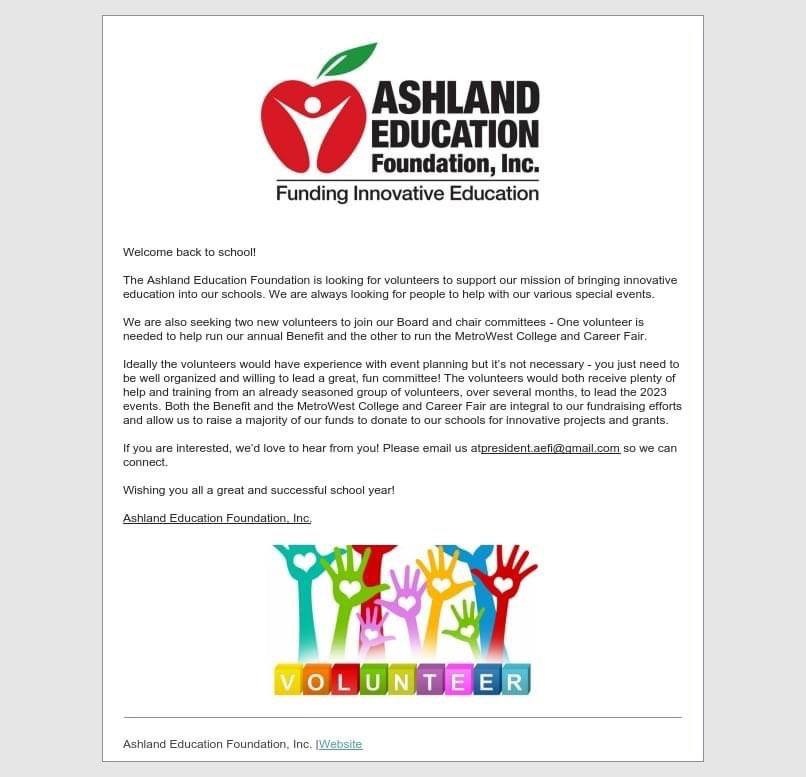 🍎🍎VOLUNTEERS NEEDED!🍎🍎

Have you been wondering how you could get involved in supporting your child's school?  We are looking for volunteers!  

Please email us at president.aefi@gmail.com if you are interested or want to know more!