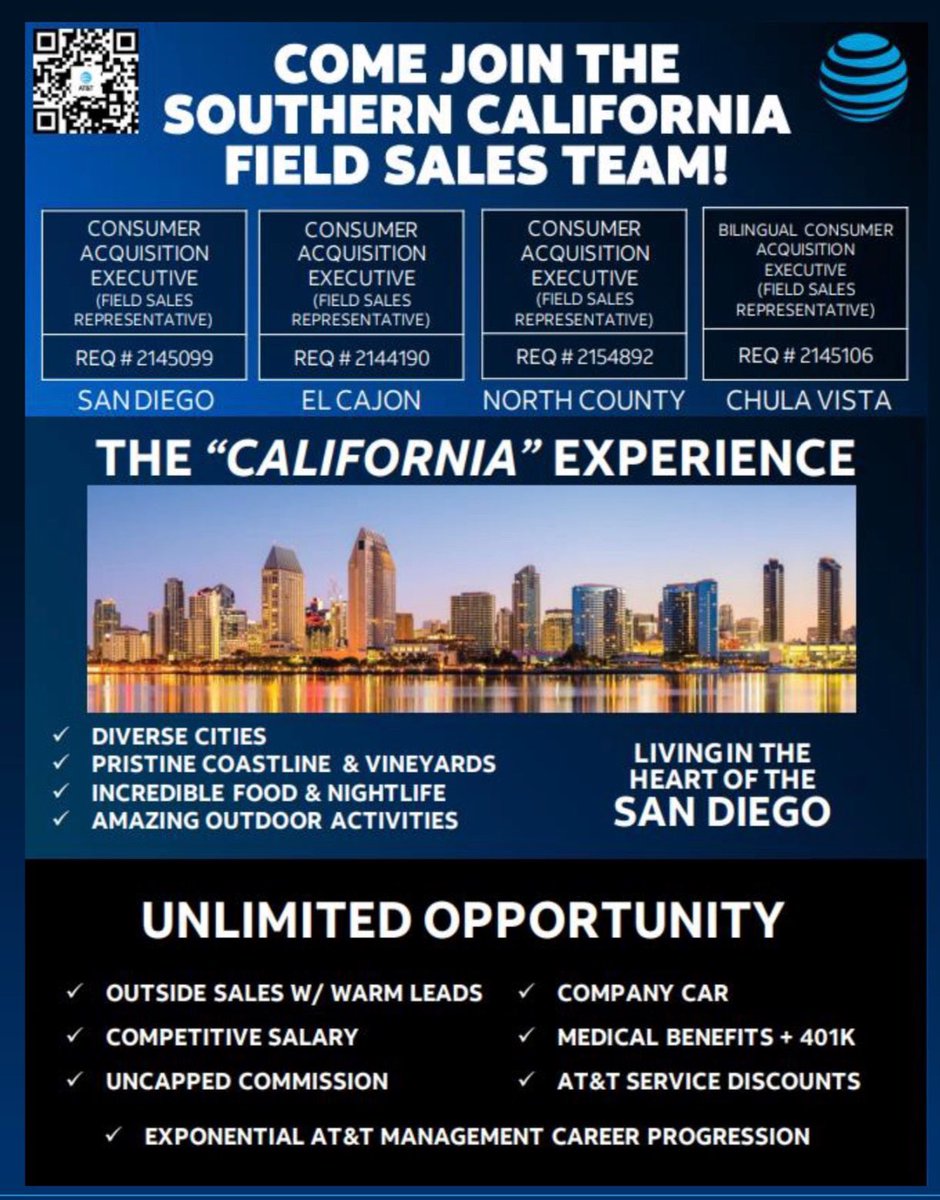 Who’s ready to join and work for the best team in San Diego ☀️🌐

Apply now ! Scan the QR code listed below ! ⤵️