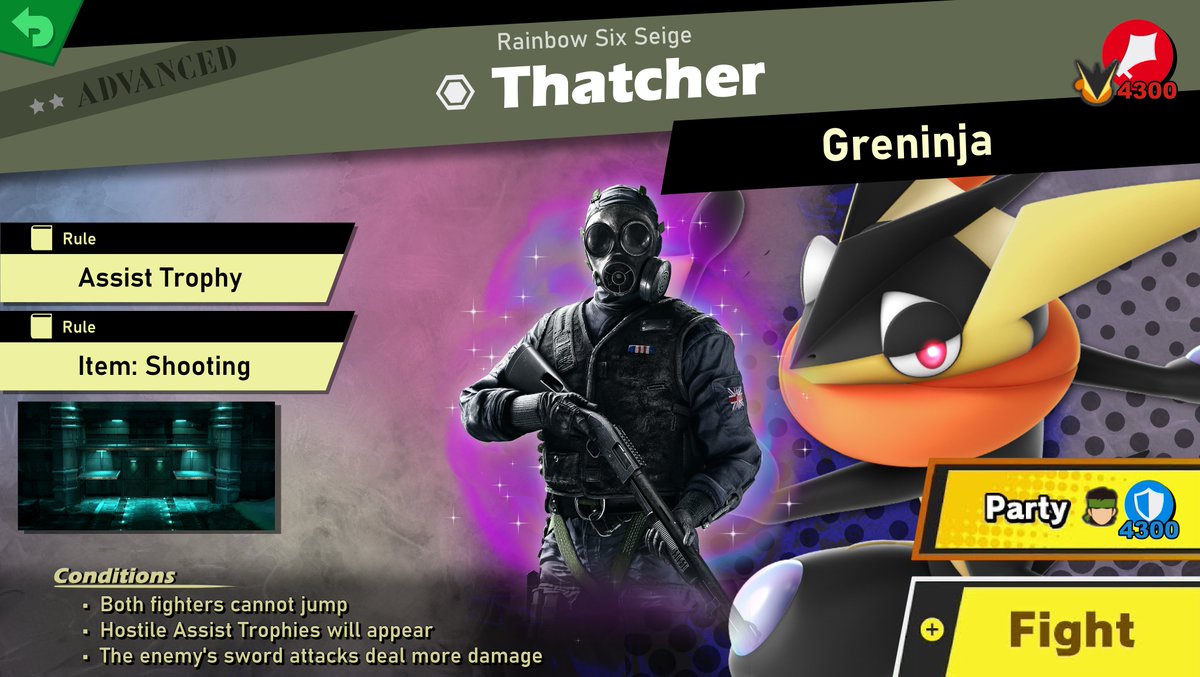 GaleemL's tweet photo. Thatcher Spirit

Fighter: Greninja
Stage: Shadow Moses Island
Song: Assault Theme - METAL SLUG 1-3
Alt' Song: Thatcher's Pulse - Rainbow Six Seige

#GaleemSpiritLibrary #smashbrosultimate #RainbowSixSiege https://t.co/pkFvoHENXS