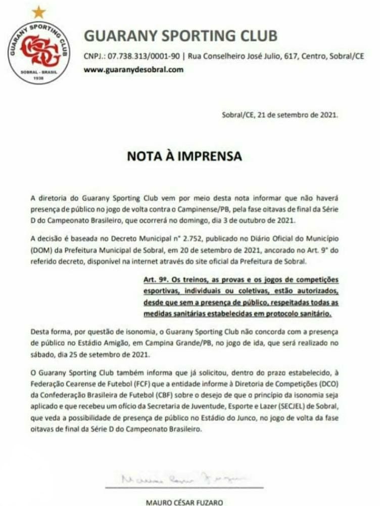 GuaranySClub's tweet photo. Respeitando os decretos sanitários vigentes, estadual e municipal, não haverá público na partida da volta, dia 03/10 no estádio do Junco em Sobral. Eis a nota para a imprensa, assinado pelo presidente do clube @maurofuzaro . https://t.co/UKYlN4JKo4