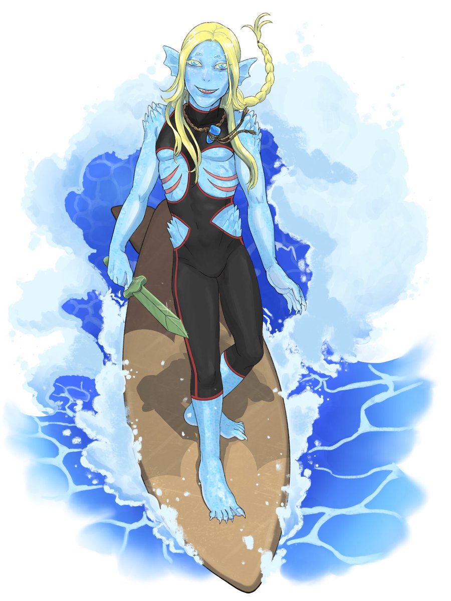 skylarkswift's tweet photo. character art i did for my heart: the city beneath character cayde netborne; fishfolk deadwalker, recovering cultist, socal surfer, and gayboy https://t.co/OdOK5Vjwzb