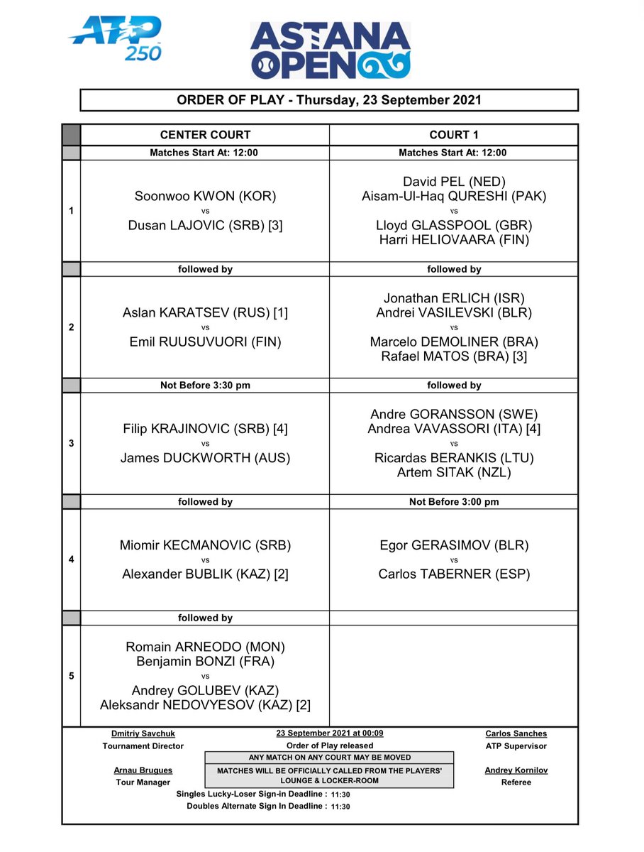 Orden de juego @ktf_kz #23sep #ATP250AstanaOpen