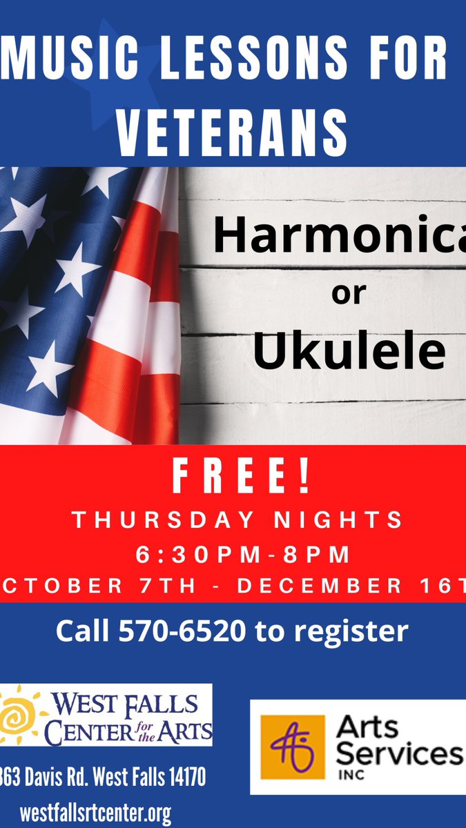 FREE music lesson for veterans. Ukulele OR harmonica.
Call 570-6520 to reserve a spot!
<a href="/westfallsart/">West Falls Center for the Arts</a> <a href="/WNYHeroes/">WNYHeroes</a> <a href="/WNYMusicDotCom/">WNYMusic.com</a> <a href="/asiwny/">Arts Services Inc. (ASI)</a> <a href="/4buffalomusic/">4BuffaloMusic</a> <a href="/VeteransOneStop/">Veterans One Stop</a> <a href="/veterans1stop/">veteransonestop</a> <a href="/BluesBuffalo/">Buffalo Blues</a>
