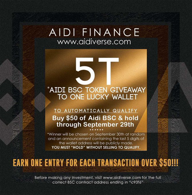 frombroke2bags's tweet image. $AIDI BSC is giving away 5 Trillion tokens to one winner &amp;amp; an #NFT to one entrant!

🎁 5 entrants will win a membership to @BannedTrading for 2 months!

✳️MUST FOLLOW @AidiToken @AidiVerse @MMMillionaires @mpowell6453 &amp;amp; BUY &amp;amp; HOLD $50 worth of #AIDI

*multiple entries welcomed*