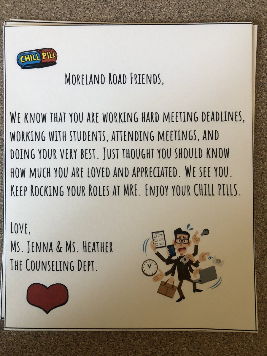 Our Moreland Road teachers and staff work so hard and do so much. The Counseling Department wanted them to know how much we love and appreciate them! Chocolate Chill Pills! #BeMRE <a href="/hstarrobinson/">Heather Robinson</a>