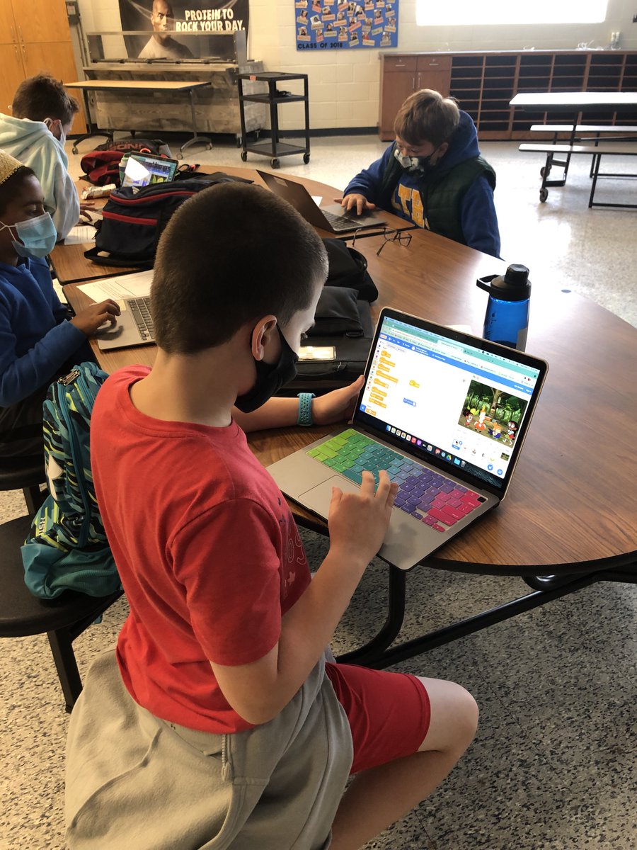 Grade 5+6 STEM/TECH club members were hard at work coding their cartoons!  First they completed an unplugged drawing activity and then tried to recreate a similar scene using SCRATCH on the computers!