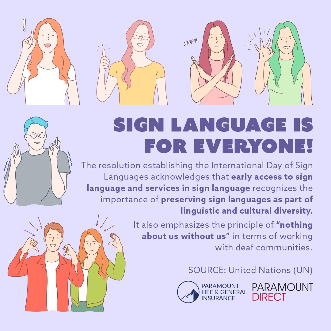 plgic1950's tweet photo. The UN General Assembly has proclaimed September 23 as the International Day of Sign Languages in order to promote the importance of sign language in the full realization of human rights for deaf people. #itstimetoredirect #paramountinsurance #paramountdirect #IDSignLanguages https://t.co/lpuffPPfDD