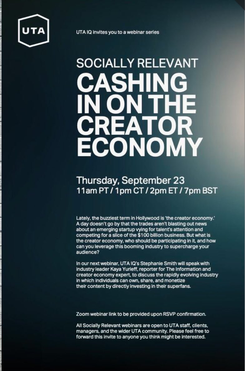 kyurieff's tweet photo. Excited to chat with UTA’s @s_h_smith this Thursday at 11 am PT / 2 pm ET about the creator economy! More info here: https://t.co/fF2ycWYHqj https://t.co/dg89wUGbKA