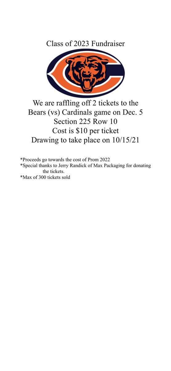 Class of ‘23 is raffling off 2 bears tickets.  If interested send me message!