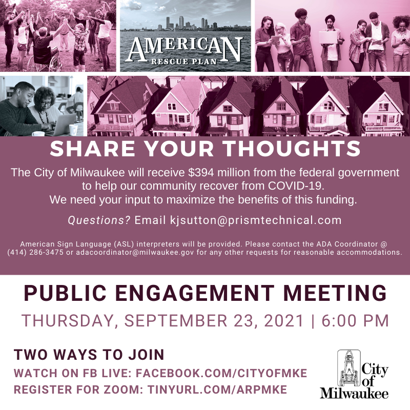 Prismtechnical's tweet photo. SHARE YOUR THOUGHTS: The City of Milwaukee has been awarded $394 million in federal COVID-19 American Rescue Plan Act funding. This funding gives us a chance to improve lives and solve problems facing our community. Join us Thursday, September 23rd at 6pm. https://t.co/wLWnGVgJ6q https://t.co/YRBtlZZMVt