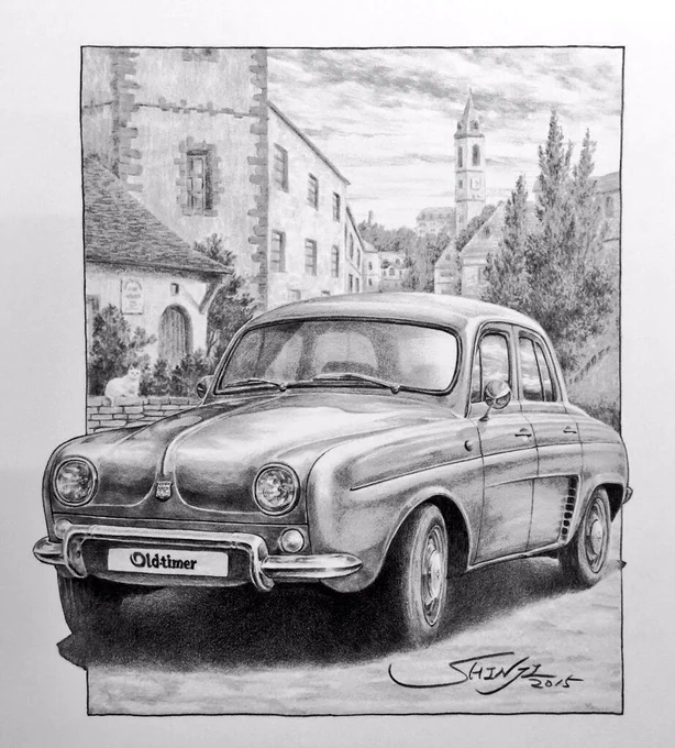 Renault Dauphine ルノー・ドーフィン障子紙+色鉛筆おはようございます今日も一日#イラスト #アナログ #色鉛筆 #illustration #drawing #Renault 