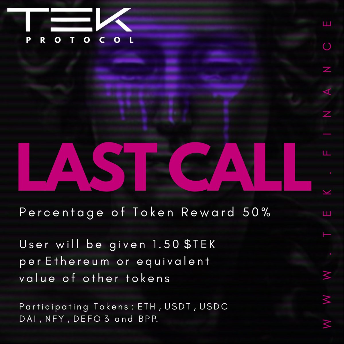 Week 2 of the $TEK presale is winding down. Week 3 will begin at midnight PST, at which point the reward bonus tier will be reduced to 25%. Don't miss your chance at a better return, go to TEK.finance to invest now.

$NFY $IYF $BPP $BPT $DEFO $TEK