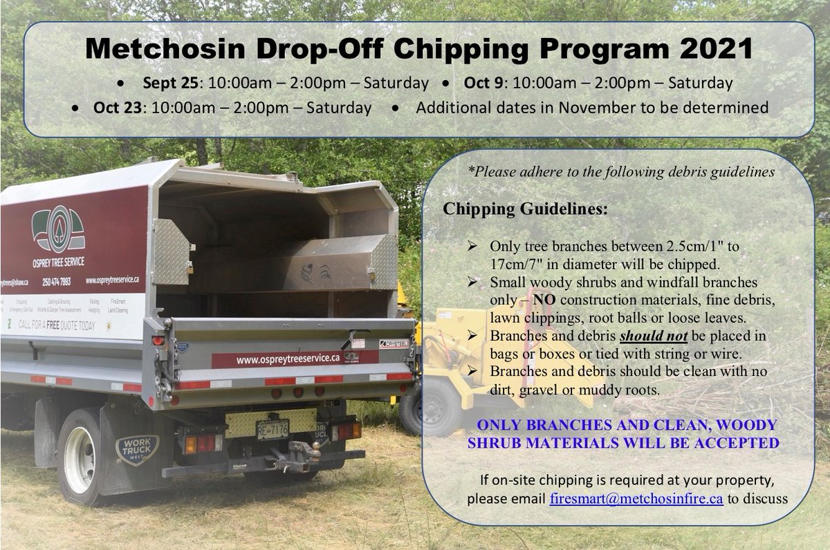 More Free Chipping Dates! 

Come on by this Saturday from 10 am - 2 pm.

#MetchosinFireSmart #FireSmartBC #IAMFireSmart  #OspreyCrew