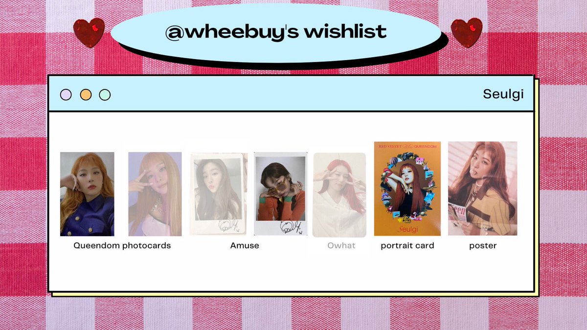 wheebuy's tweet photo. ✎ #wheeshlist
✎ Seulgi
- prio is qdm pc
- budget for qdm pc:400-600 ;inclus: 100-150
- for inclus,both must come from 1 seller ;seulgi portrait card can also be wtt to irene
wtb lfs red velvet seulgi queendom girls queens ver portrait card poster photocard amuse 2 wtt irene https://t.co/OwjBktLRWc