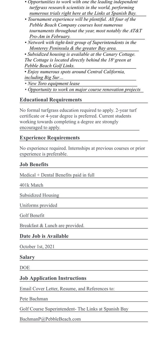 Awesome opportunities available at The Links at Spanish Bay for anyone interested in a career in turf management. Internship/AIT positions open to start Oct. 1st. Feel free to DM for more information. Exciting time to join the Pebble Beach Company!