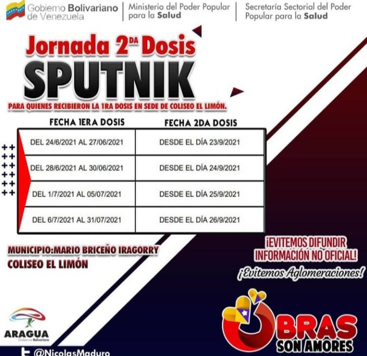 ATENCIÓN | Conoce el cronograma de vacunación de <a href="/SaludAraguaP/">𝓢𝓪𝓵𝓾𝓭 𝓐𝓻𝓪𝓰𝓾𝓪</a> de la Jornada 2da dosis de Sputnik en el estado #Aragua
.
IMPORTANTE | Asiste con tu cédula, tarjeta de vacunación y sin presentar ningún síntoma respiratorio.