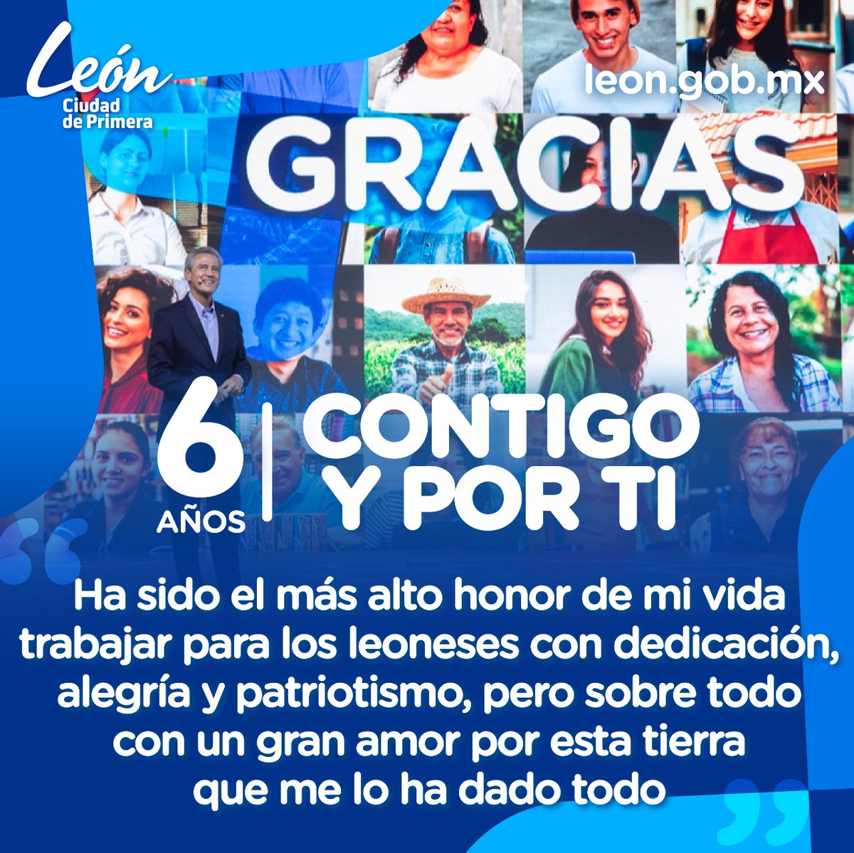 No existe honor más grande que el de servir a los demás.

Mi sincero agradecimiento a las y los leoneses por brindarme la oportunidad de trabajar con dedicación, alegría y patriotismo #ContigoYPorTiLeón y en beneficio de cada una de las familias de este municipio.