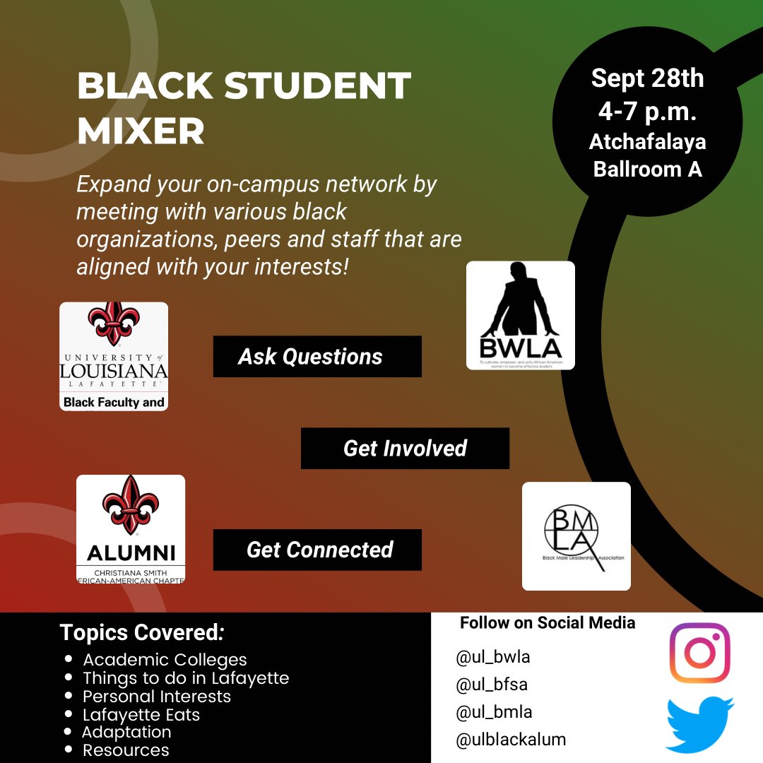 ulbwla's tweet image. Looking for your next networking opportunity? Join BWLA, BMLA, BFSA, and the Black Alumni Association for the Black Student Mixer! You will have a change to connect with peers on an array of topics and interests. See you there!