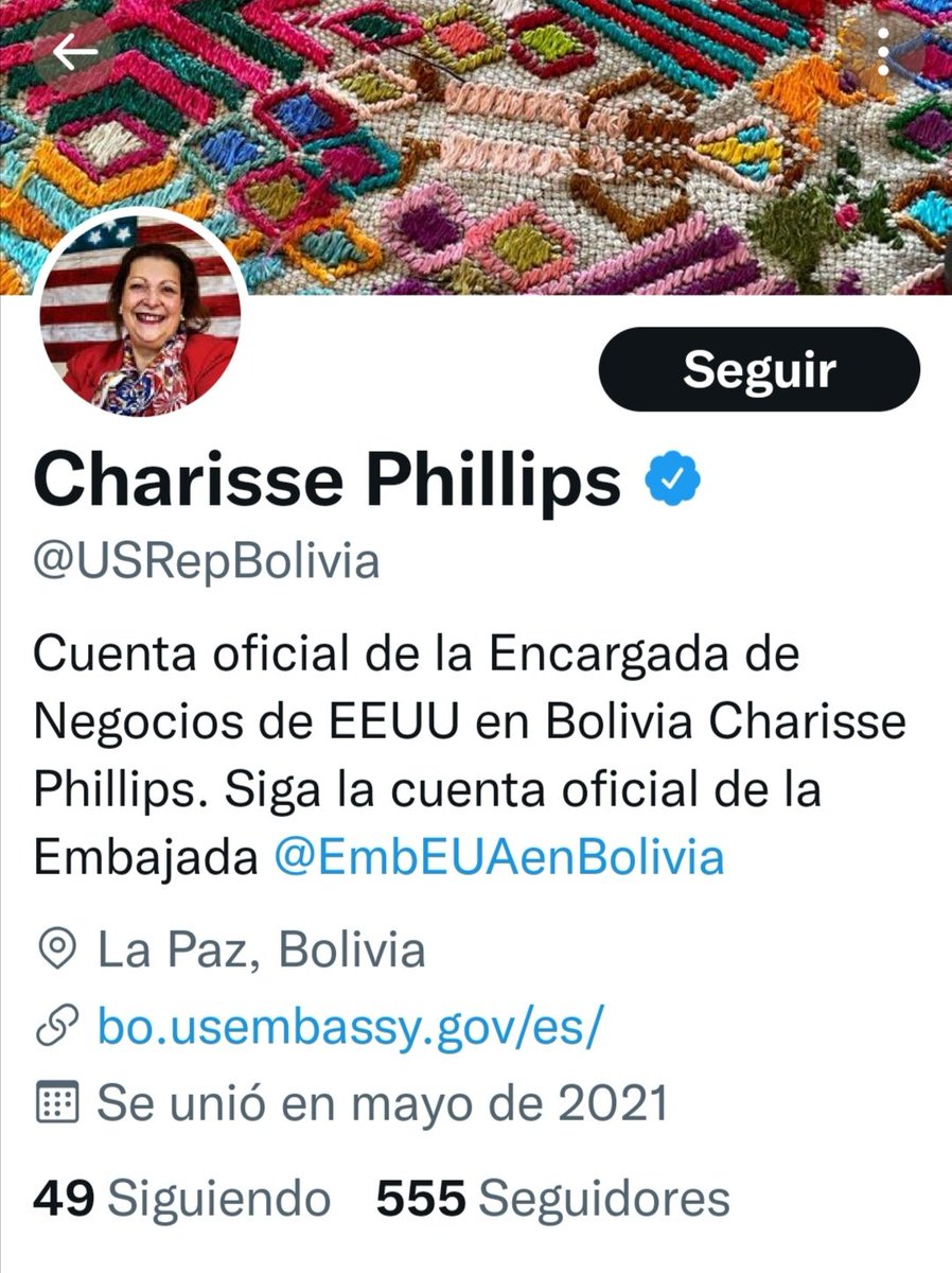 Cathe_Rabczuk's tweet photo. @Dangelo10Angel @nayibbukele @USAmbSV La representante de negocios de USA en Bolivia tiene 555 seguidores. Si ven su cuenta se dedica a NEGOCIOS. Ni ella ni los periodistas están locos para ponerse a hablar de la dictadura en Bolivia. Sería un suicidio para ambos. Pero @nayibbukele es el dictador 🙄 https://t.co/8veYtNnnJ0