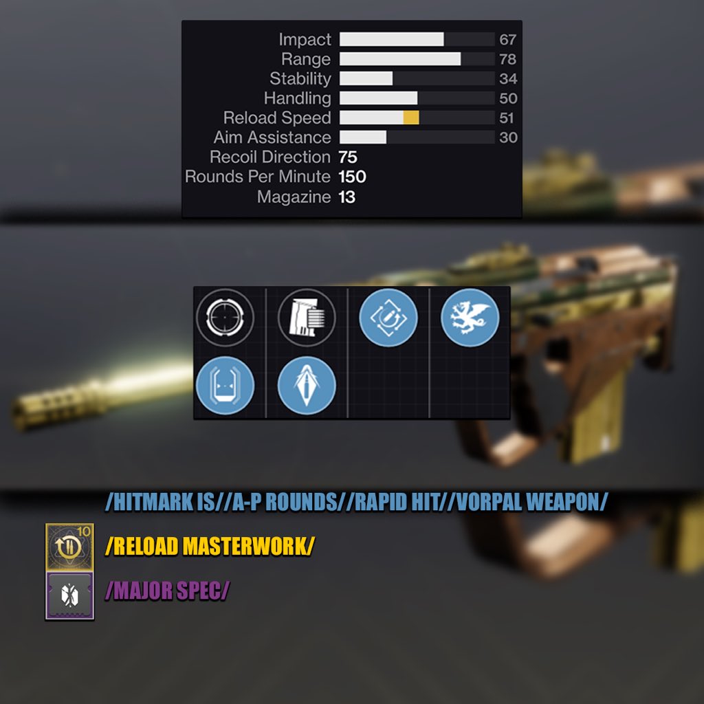 D2_Weaponsmith's tweet photo. I choose to use a Major Spec over stacking Boss Spec with Vorpal just to cover my bases. Armor Piercing Rounds comes in handy pretty often, and Rapid Hit is always nice when it comes to sustained damage, or just getting back into the fight. https://t.co/igLJrvWYVz