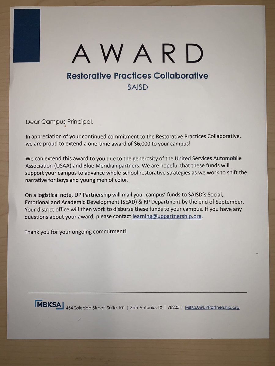 TafollaToros's tweet photo. @UPpartnershipSA stopped by today to drop off a generous award to continue our campus wide restorative justice work which focuses on eliminating exclusionary practices by rethinking discipline by adopting and scaling whole school restorative justice. https://t.co/ysvrd5npo1