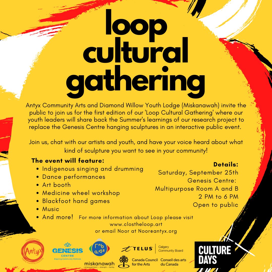 YouthLodge's tweet image. Join us at the Genesis Centre for Loop Cultural Days on Saturday September 25th 2-6 PM
You can meet us here at MISKANAWAH EAST (2716 Sunridge Way NE) at 12PM to take transit to Genesis Centre or meet us there (7555 Falconridge Blvd NE)!

#culturedays #loopproject #community #dwyl