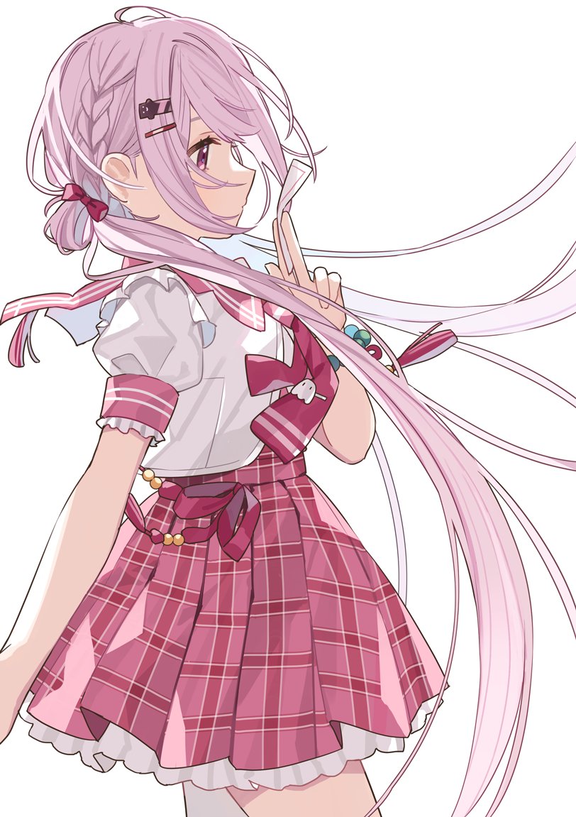 shiina yuika 1girl solo skirt hair ornament pink hair white background holding  illustration images