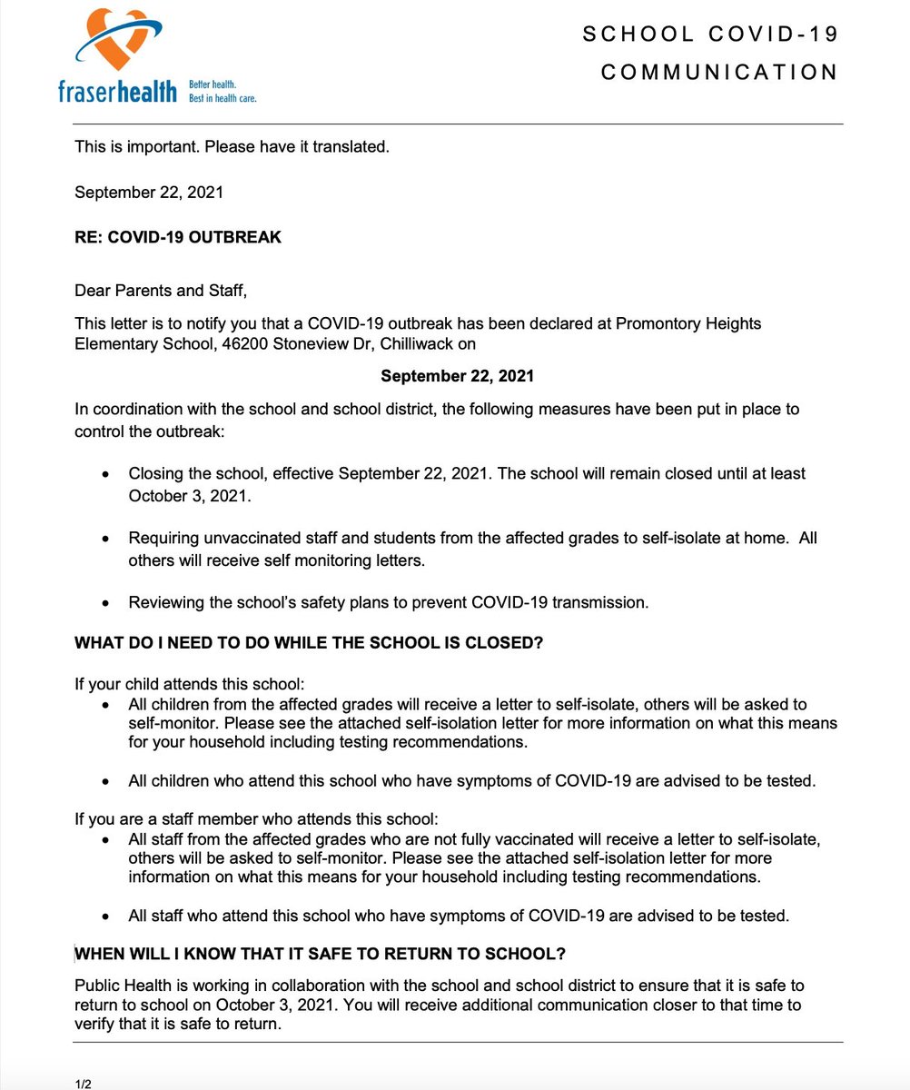 BCschoolCovid's tweet photo. OUTBREAK DECLARED AT PROMONTORY HEIGHTS ELEMENTARY IN CHILLIWACK BC.
The school will be closed effective today until at least Oct 3rd. 
Read the letter attached for more details. https://t.co/U3lys5Uqxf